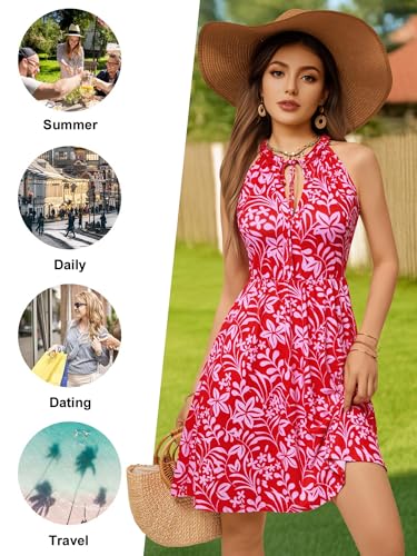 Image of HUHOT Petite Women Teen Summer Halter Dress Vacation Mini Sundress with Pockets