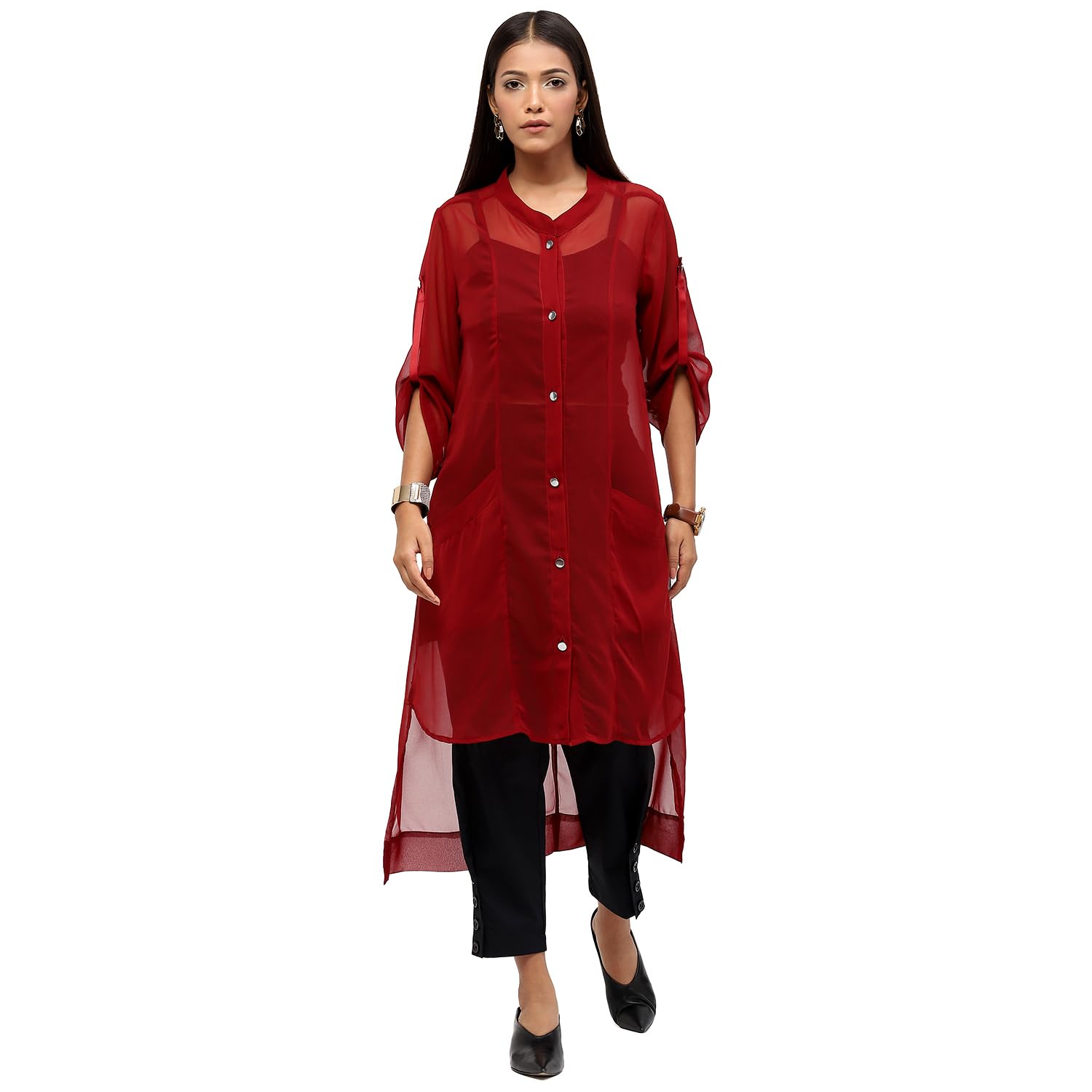 baawri Women's Maroon Solid Color Mandrian Collar Shrug-picture-41