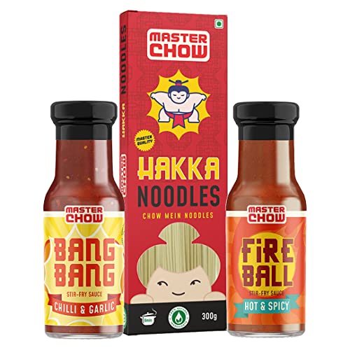 Image of MasterChow Sweet And Spicy Noodle Pack With Hakka Noodles (300G) + Chilli & Garlic Bang Bang (220G)+ Sweet & Spicy Delhi Belly (220G) Cooking Sauce | Serves 4-5 Meals,740 Gm