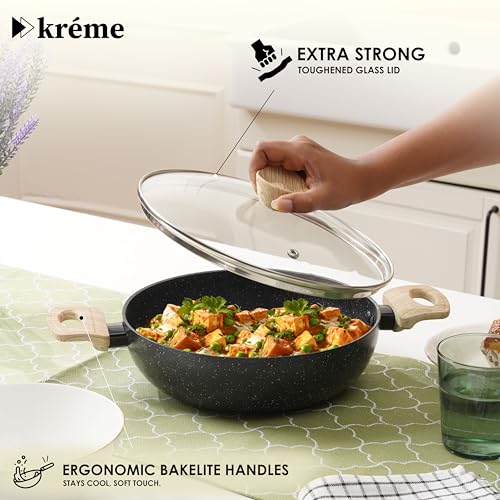 Image of Kreme Venetia Premium Series 4-Piece Granite Kadai Cookware Set with Lid | Non-Stick Aluminium Deep Kadhai | Granite Coating | Induction & Gas Stove Compatible | Healthy Low-Oil Cooking, Grey