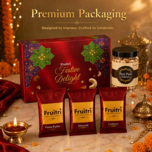 Image of Fruitri Premium Rakhi Gift Hamper for Brother with Almonds, Cashews, Green Raisins 100g each & Peri Peri Makhana, 2 Rakhis, Roli Chawal & Greeting Card