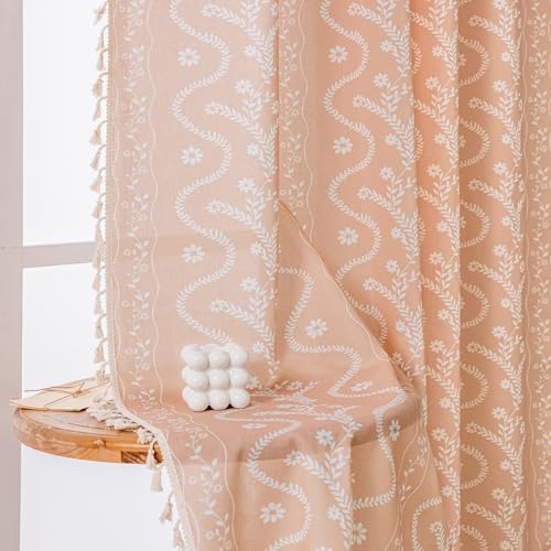 Image of Boho Curtains 84 Inch Long for Living Room, Bedroom, 2 Panels Floral Farmhouse Vintage Tassel Semi Sheer Light Filtering Privacy Window Curtain Drapes with Rod Pocket,Pink