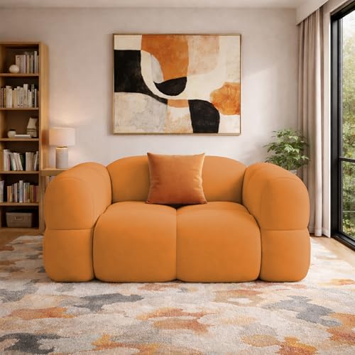 Image of Casaliving Vetras Modern Velvet Bubble Cloud Sofa, Tufted Design Upholstered 1 Seater Sofa Set for Living Room, (Orange Colour) Premium Velvet Fabric Sofa