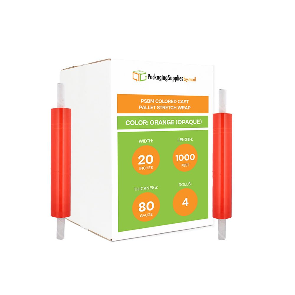 PSBM Lot de 4 rouleaux de film étirable orange foncé avec poignées, 50,8 cm x 304,4 m, calibre 80, film rétractable de résistance industrielle pour le déménagement, l'emballage et l'expédition