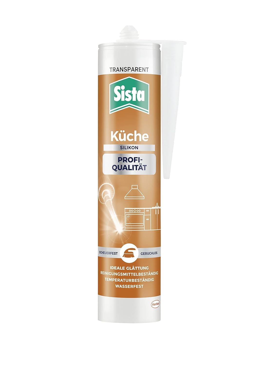 Sista Küche Profi-Qualität Silikon, scheuerfeste Fugenmasse für die Küche, wasserfestes Küchensilikon mit idealer Glättung, reinigungsmittelbeständige Dichtmasse, 12x280ml Kartusche, transparent