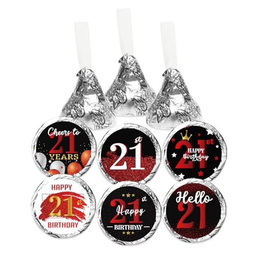 Image of Happy 21st Birthday Party Favor Labels Chocolate Kisses Candy Stickers - Twenty One Years Old Birthday Round Candy Sticker Party Favors - Black and Red - 150 Stickers