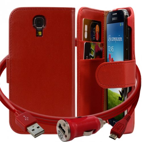 Seluxion – Carcasa tipo cartera roja para Samsung Galaxy S4 + cargador de coche