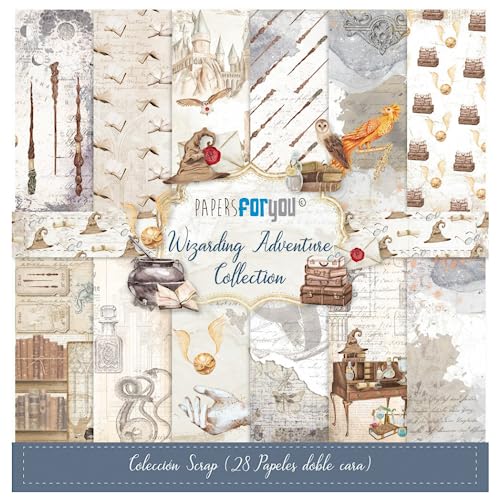 Papers For You - Kit de Papeles para Scrapbooking y Manualidades | Colección 'Wizarding Adventure' | Incluye 28 Papeles a Doble Cara con Diseños Diferentes | Tamaño 20,32 x 20,32 cm (8' x 8')