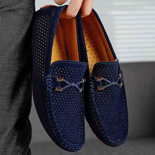 Men's Penny Loafers Suede Driving Moccasins Perforated Slip-On Loafers with Orange Sole Flats Boat Shoes3