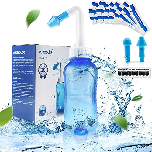 Waterpulse Neti Pot Sinus Rinse Nasal Wash Bottle with 30 Salt Packets Nose wash Bottle Allergy Cleaner Pressure Irrigation Neti-Pot with Sticker Thermometer nose cleaner for Adult & Kid BPA Free