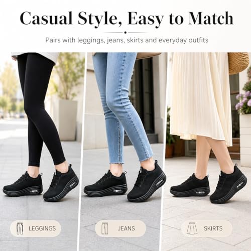 Image of Womens Platform Wide Walking Shoes Breathable Sneakers with Air Cushion Sole for Women, Lace-Up Width Shoe for Travel