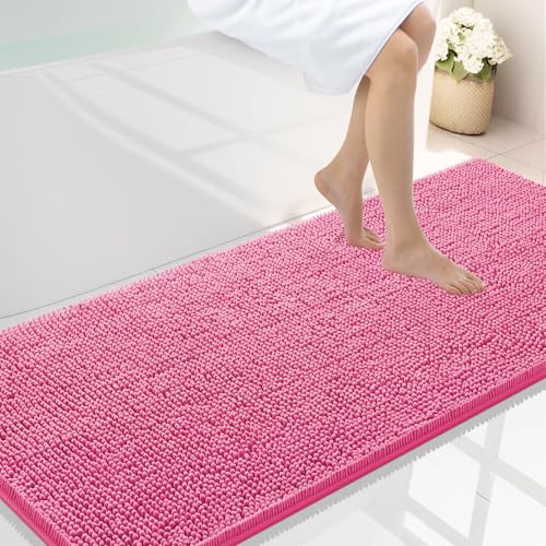 Smiry Luxury Chenille Bathroom Rugs 59x24, Extra Soft and Absorbent Shaggy Bath Mat, Machine Washable, Non-Slip Plush Carpet Runner for Tub, Shower, and Floor, Home Decor Accessories, Hot Pink