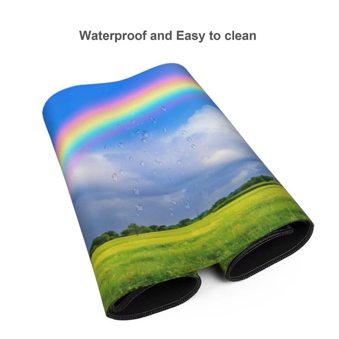 Alfombrilla de ratón 1400x600x3 MM, Alfombrilla Ratón XXL Extendida de Gran Tamaño con Bordes Cosidos, Base de Goma Antideslizante Almohadilla para Teclado, Pradera del Arco Iris S-377