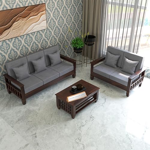Image of Sheesham Wooden 5 Seater Sofa Set for Living Room | Solid Wood 3+2 Seater Cushion Sofa Sets with Newspaper Holder for Home & Office | Wooden Furniture Sofa for Lounge Walnut Finish
