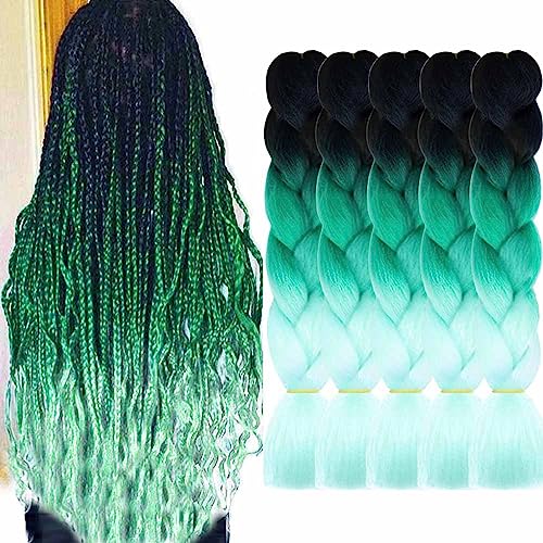 AIDUSA Color Braiding Hair 5pcs Synthetic Braids Hair Extensions 24 Inch Three Tones Braids for Box Braids Senegal Twist Crochet Braids 100g (#47 Black to Green)