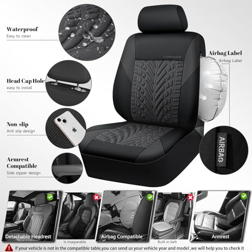 Image of CAR PASS Neoprene Waterproof Seat Covers Two Front, Wetsuit Car Seat Covers 2pcs Universal Fit for Vans, Truck, SUV, 3D Tyre Embossed Seat Covers Anti Slip with Armrests, Aibag Compatible(Black Gray)