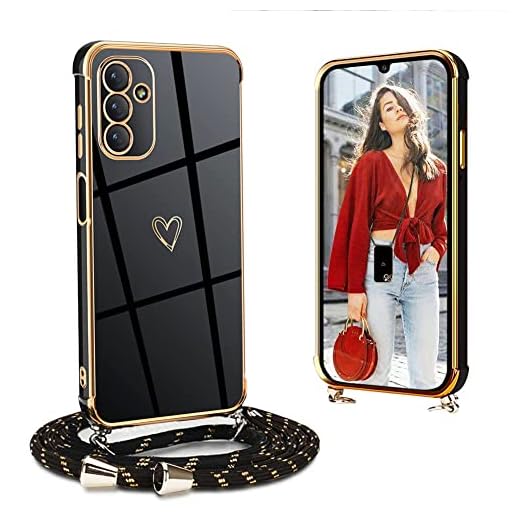 Funda con Cordón para Samsung Galaxy A54 5G, Amorcorazón Patrón Galvanoplastia Carcasa Antigolpes TPU Suave Silicona Funda con Cuerda para Samsung Galaxy A54 5G, Negro