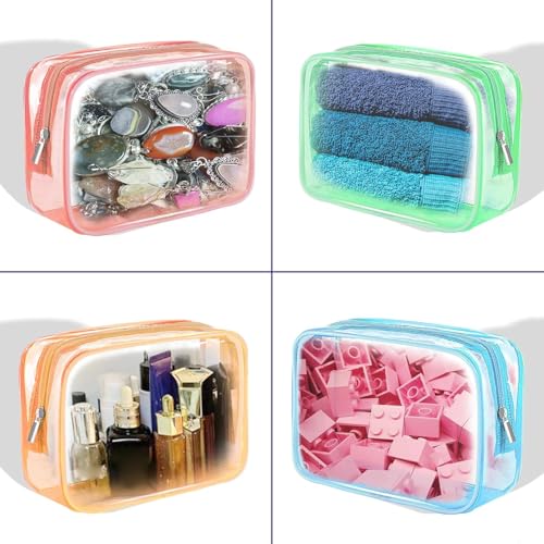 Clear Makeup Bag (4 Packs), Small TSA Approved Toiletry Bags for Traveling Small Size Cosmetic Storage Pouches for Women Organizer with Zipper Pink Orange Green Blue4