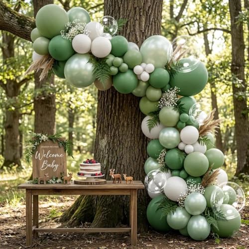 Image of Green White Balloons Double Stuffed Green Bobo Pearl Balloon Arch Kit | Light Olive White Balloon Garland for Jungle Safari Wildone Birthday Baby Shower Wedding Anniversary Decor