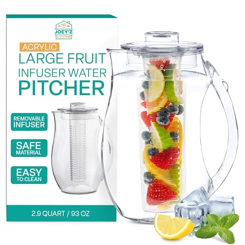 Comparison: Best Container For Lemon Water 2 Large Fruit Infuser Water Pitcher (2.9 Quart / 93 Oz) – Shatterproof Acrylic Infusion Jug for Iced Tea, Juice, Beverages, Water, Lemon, Fruit & Herbs – BPA Free