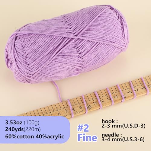 Image of Milk Cotton Yarn, 100g / 240 yd 60% Cotton 40% Acrylic #2 Fine Crochet Yarn, Soft Yarn for Crocheting & Knitting for Amigurumi Dolls, Flowers, Baby Items, Adults Handmade Crafts(Light Purple)