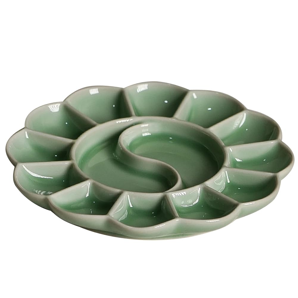 Rfeeuubft Handmade Celadon Palette -Shaped Watercolor Paint Tray Ru Kiln Ceramic Plate and Pen Holder Green