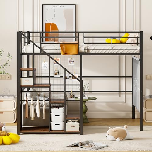 Hochbett 140x200 cm, Kinderbett mit Sicherheitsleiter, Metallbett mit Eisenrahmen und Ablagefläche, Jugendbett Einzelbett mit Lattenrost, Bett für Kinder Jugendliche (Ohne Matratze) Schwarz – Bild 5