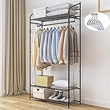 LUAKY ハンガーラック パイプハンガーラック 洋服ラック 3段メッシュ棚付き 組立簡単 防サビ 防水 耐腐食性 物干しスタンド 幅78×奥行36×高さ161cm 高耐荷重 洋服掛け 3本ベーシックハンガー付き