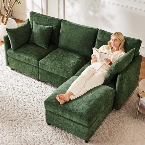Yihomfy Canapé d'angle modulable 3 Places, 216 cm canapé Convertible en Forme de L avec Pouf et Coussins Amovibles, Petit canapé en Tissu Chenille Doux pour...