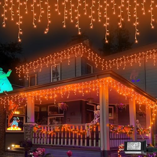 QITONG Orange Lights for Halloween 33ft 400 LED Icicle Lights for Outside Plug in Clear Wire Connectable String Light Indoor with 8 Modes