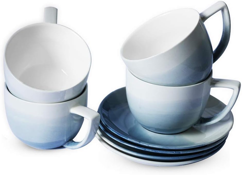 Sunddo Tea Cup Set with 4 Tea Cups and Saucers Sets 8 OZ White Porcelain Tea Cups for Women Men