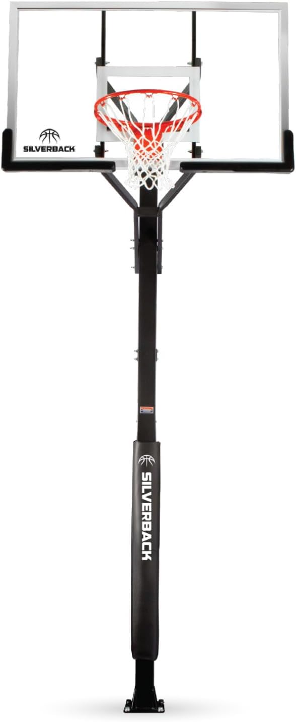 Silverback Height Adjustable In-Ground Basketball Hoop with Tempered Glass Backboard, Pro-Style Breakaway Rim & Backboard Pad