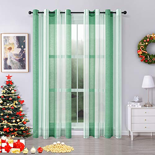 MRTREES Translúcida Cortinas Visillo Rayas de Dormitorio Moderna con Hebilla para Ventanas Voile Sala para Niños Sala Comedor Baño 2 Piezas 140×245cm(An×L) Blanca+Verde