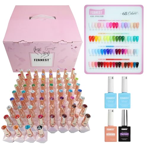 FZANEST HEMA-Free Gel Nail Polish Set Tpo-free 72pcs 12ML High Shine Top Coat Base Builder Gel With 68 Bright Colors Nude Pink Red White Black All Seasons Gel Polish Kit For Home DIY Nail Salon Use