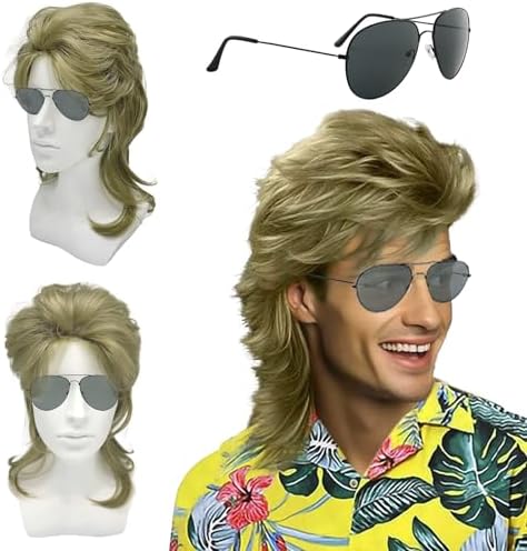 Parrucca Uomo Arancione Con Occhiali Da Sole - Costume Anni '80 Punk Rock Per Feste - Foto 6