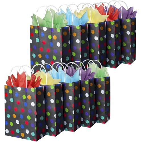 Image of BLEWINDZ 32Pcs Small Gift Bags with Tissue - Polka Dot Black Party Gift Bags with Handles, Colorful Rainbow Paper Goodie Bag for Party Favors, Kids Birthday