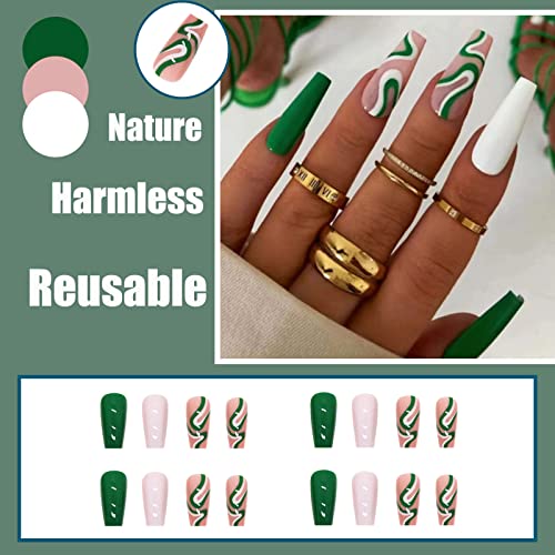 Qingge Green White Press On Nails Medium Length Coffin Glossy Fake Nails Tips Swirl Stick On Nails Wave Design Glue On Nails Artificial Acrylic Nails Summer Static False Nails For Women 24Pcs #TOP1