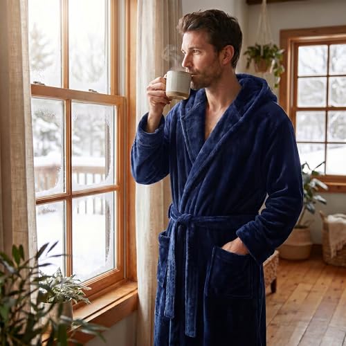 Image of U2SKIIN Mens Hooded Robe, Plush Robes for Men Long Fleece Bathrobe