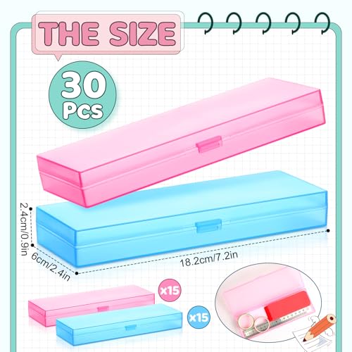 Image of Yexiya 30 Pack Pencil Box Plastic Pencil Case Bulk 7.2 x 2.4 x 0.9 Inches Pink Blue Pen Storage with Hinged Lid Stackable for Pens Crayons School Office Supplies Organization