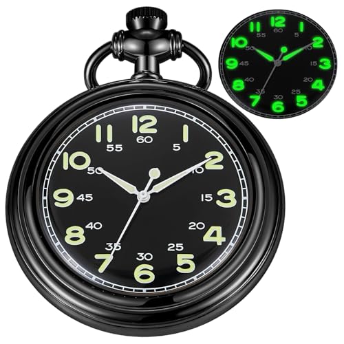 Image of Uncovered Black Mechanical Pocket Watch, Arabic Numeral Dial Men's Pocket Watch with Chain