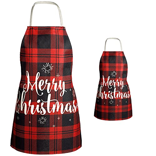 Zhanmai 2 Pieces Matching Christmas Apron Kitchen Kid Apron Adjustable Mommy and Me Red Black Buffalo Check Plaid Merry Christmas Decoration Gifts Set for Cooking Baking Painting Crafting Gardening
