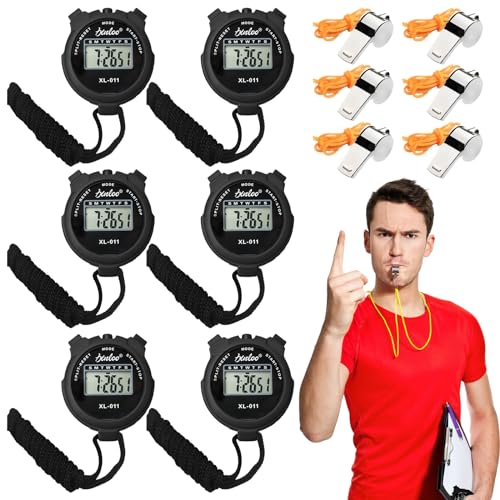 6 Stücke Digital Sport Stoppuhr Timer, Digitale Stoppuhr Mit Großem Display, Handheld Chronograph, Sport Stoppuhren Mit Edelstahl Pfeife Für Fußball, Basketball, Laufen, Schwimmen, Fitness Und Mehr