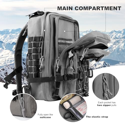 Image of Hannibal Tactical MOLLE Assault Backpack, Tactical Backpack Military Army Camping Rucksack, 3-Day Pack Trip w /USA Flag Patch, D-Rings Grey and Black