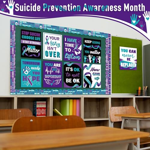 Pósteres de prevención del suicidio y salud mental en verde azulado con cinta morada de 28x33 5