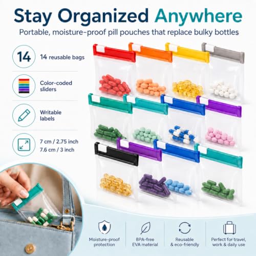 Image of Self Sealing Zipper Medicine Bags, Waterproof Pill Pouch Organizer with Slide Lock, Reusable Pill Pouches for Travel, Double-Track Airtight Sea, for Daily Use Medicine Qtips Small Items (28Pc)