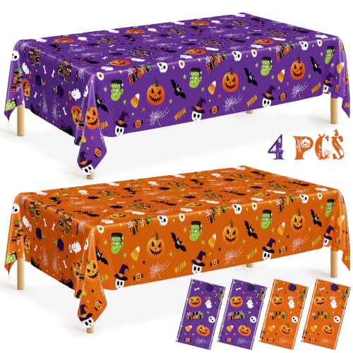Image of 4 Pack Halloween Table Cloths 54 inch x 108 inch Plastic Purple Orange Tablecovers