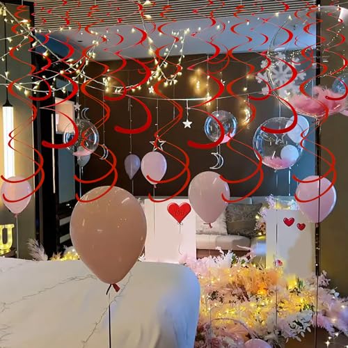 Image of Red Ceiling Swirl Foil Decorations Hanging Plastic Streamer Themed Swirl Party for Valentine's Day Day Carnival Celebration, Pack of 28