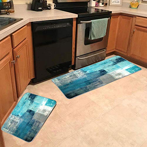 Kitchen Mats for Floor,TOMWISH Turquoise Kitchen Rug Grey Abstract Area Rug Art Painting 17"X48"+17"X24" Non-Slip Kitchen Rug Set for Kitchen Dining Room,Floor Home,Office,Sink,Laundry - Image 3