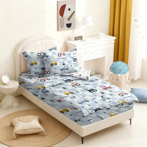 Image of Kids Comforter Set,Zipper Bedding Twin for Boys,Construction Printed Comforter Set with Tractor Fitted Sheets and Pillowcases for All Season(Truck)