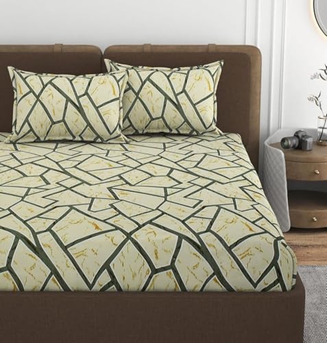 Image of NHD HOME Cotton All Around Elastic Fitted Premium Prints Queen Size Double Bed Bedsheet with 2 Large Pillow Covers Fits Upto Mattress of 8 Inches,Size-78 inch x 72 inch Inches, Mint Green & White, 180 TC